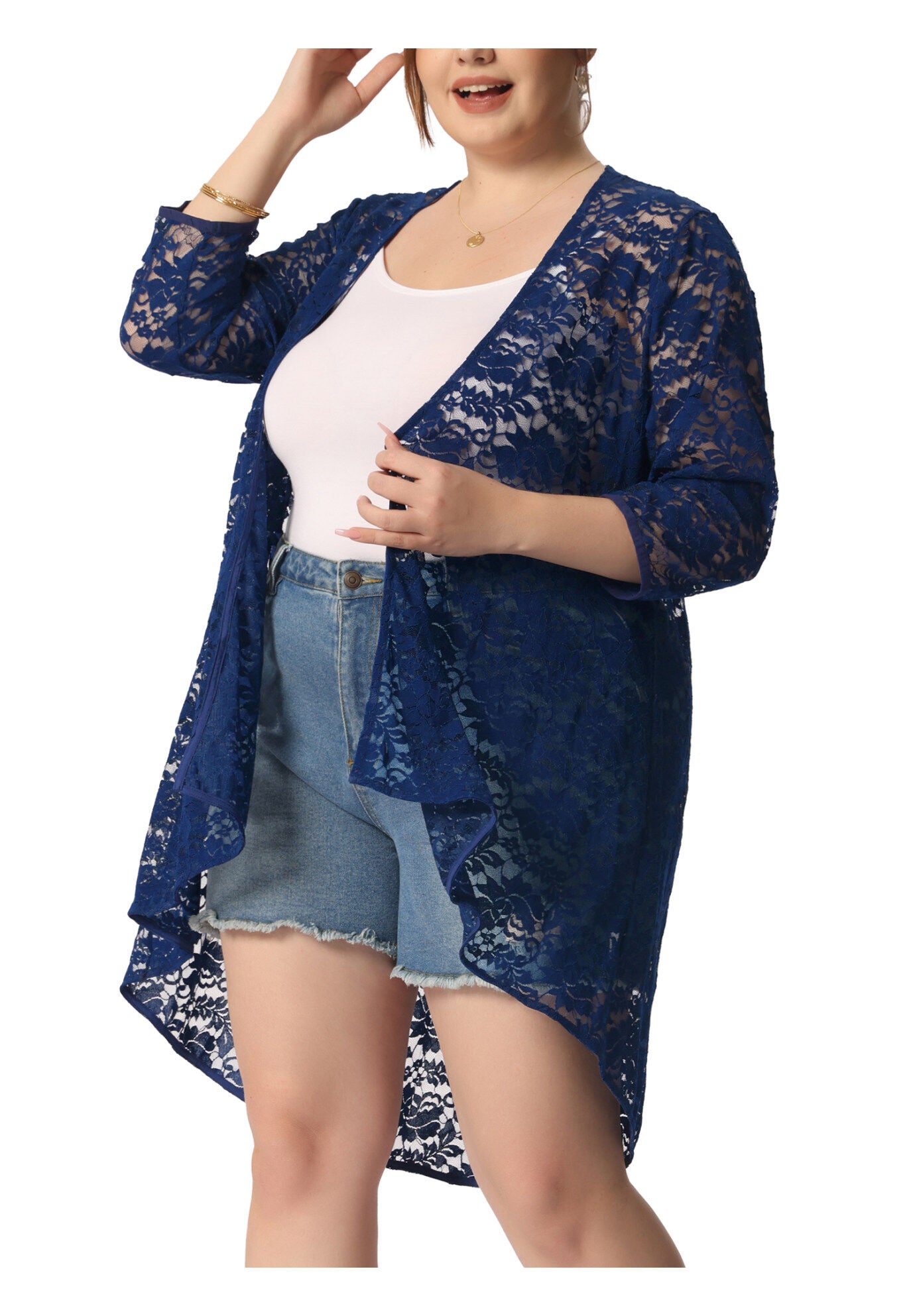 LIGHTWEIGHT 3/4 SLEEVE OPEN FRONT CROCHET LACE COVER UP, Navy Blue / Navy, alternate image number 2