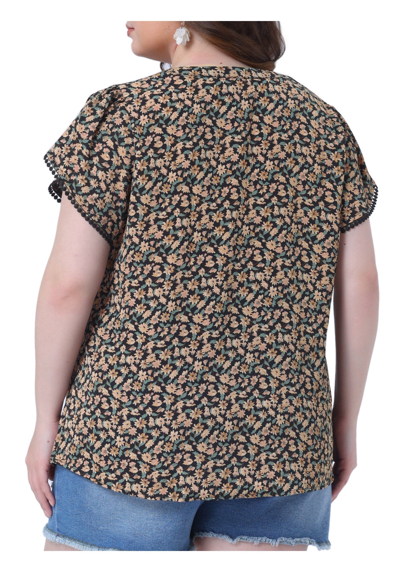 Floral V Neck Tulip Sleeve Shirt Summer Top, Black / Black, alternate image number 3