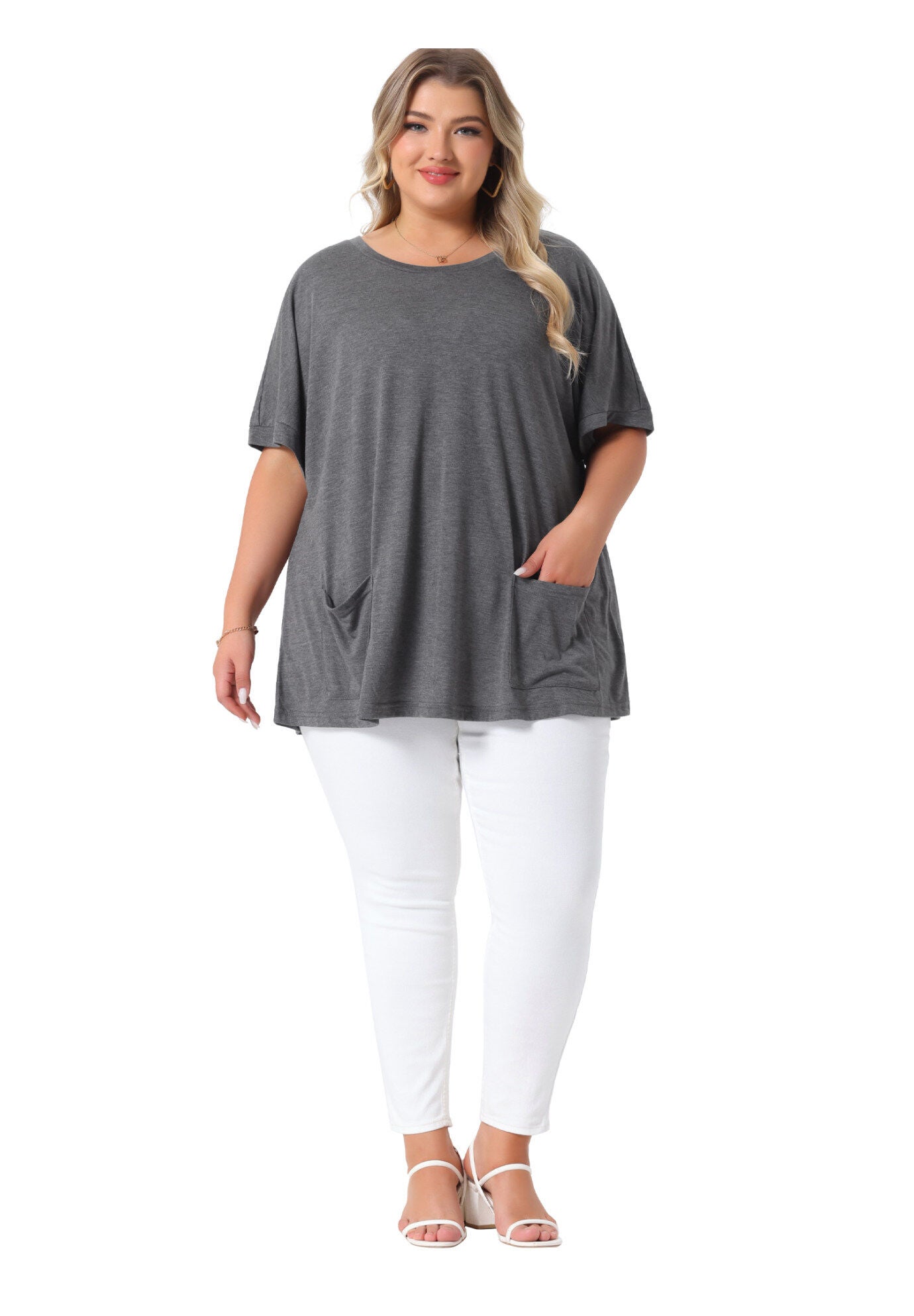 Short Sleeve Top Loose Fit Summer T-Shirt with Pocket, Grey / Charcoal Grey, hi-res image number 0
