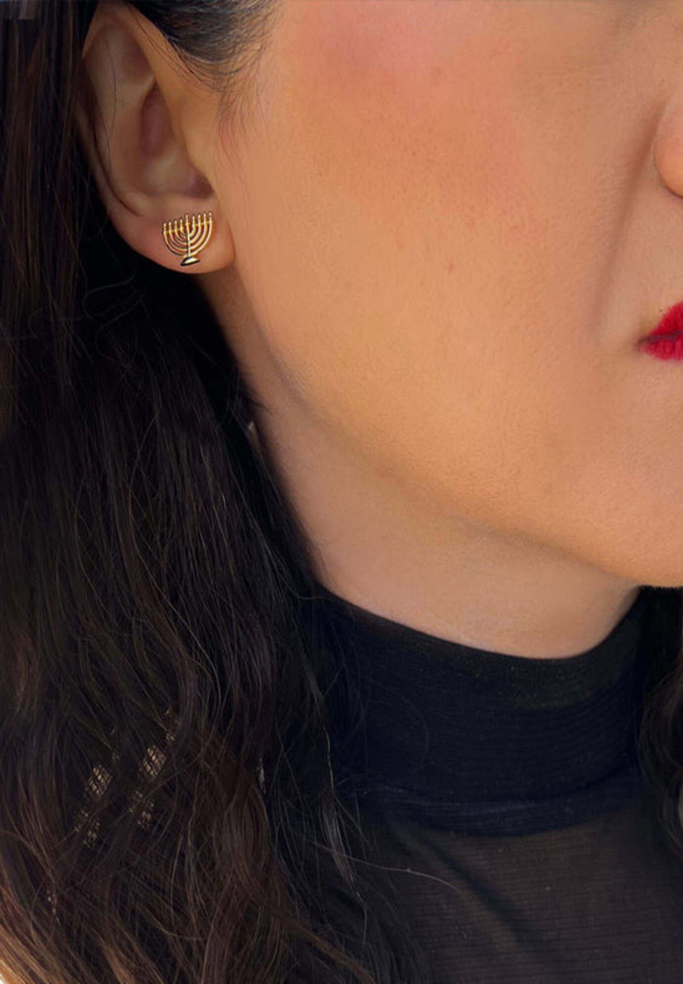 HANUKKAH MENORAH Stud Earrings, Gold / Gold, alternate image number 2