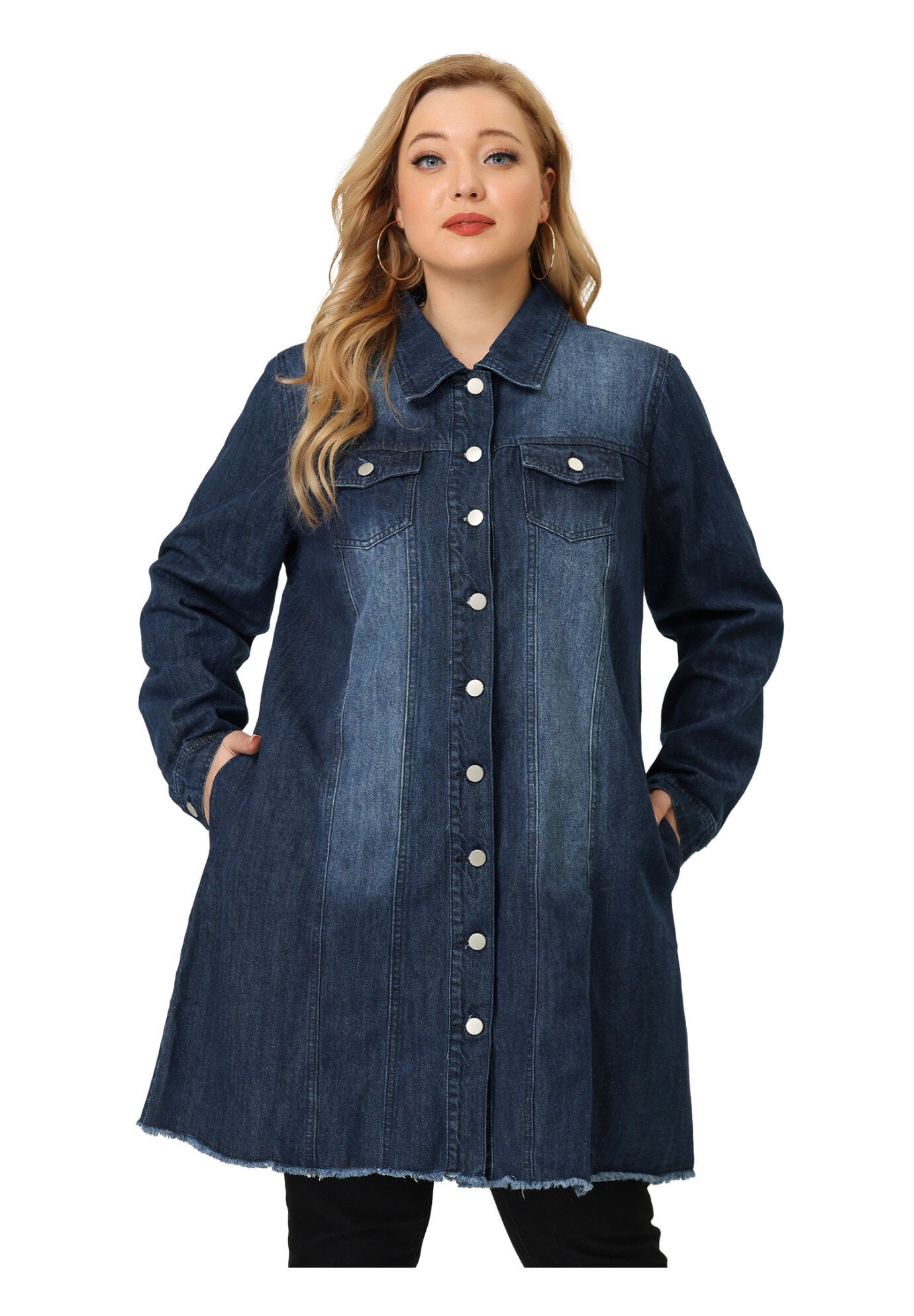 DISTRESSED BUTTON UP POCKET LONG DENIM JACKET, Dark Blue / Navy, alternate image number 3