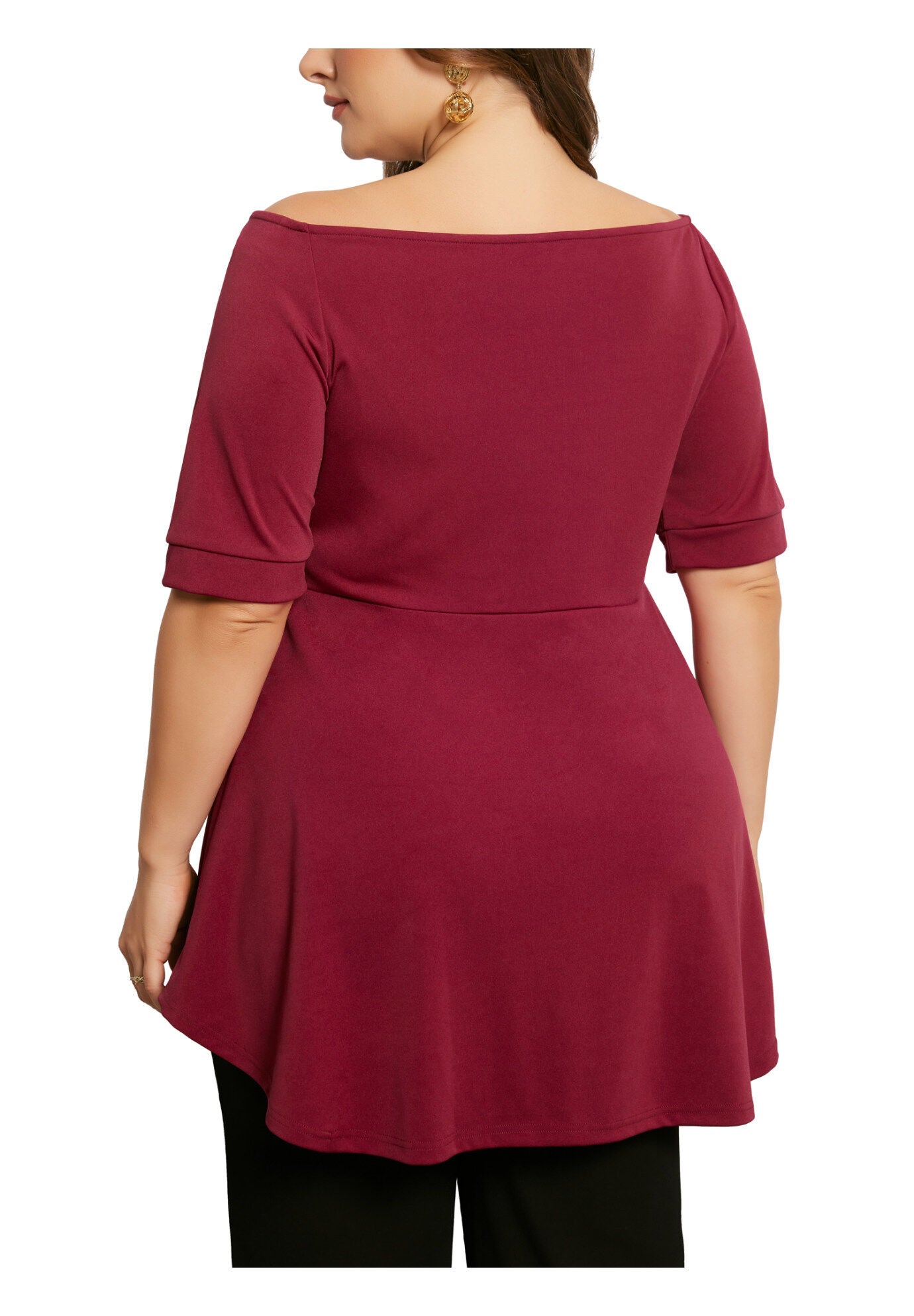 V NECK SHORT SLEEVE RUCHED PEPLUM BLOUSE TOP, Burgundy / Red, alternate image number 3