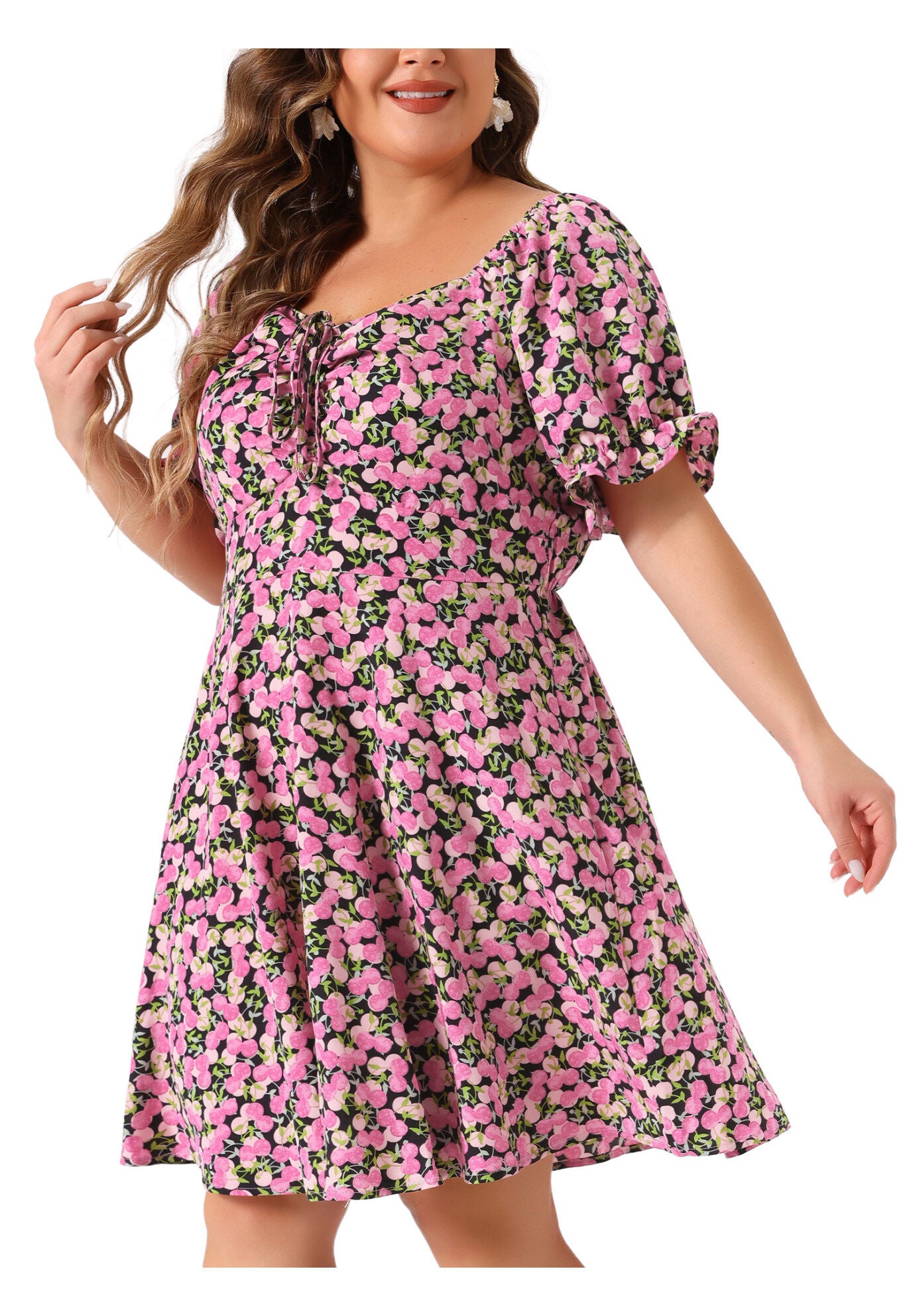 Sweetheart Neck Puff Short Sleeve Tie Swing A Line Midi Floral Dress, Black / Black, alternate image number 1