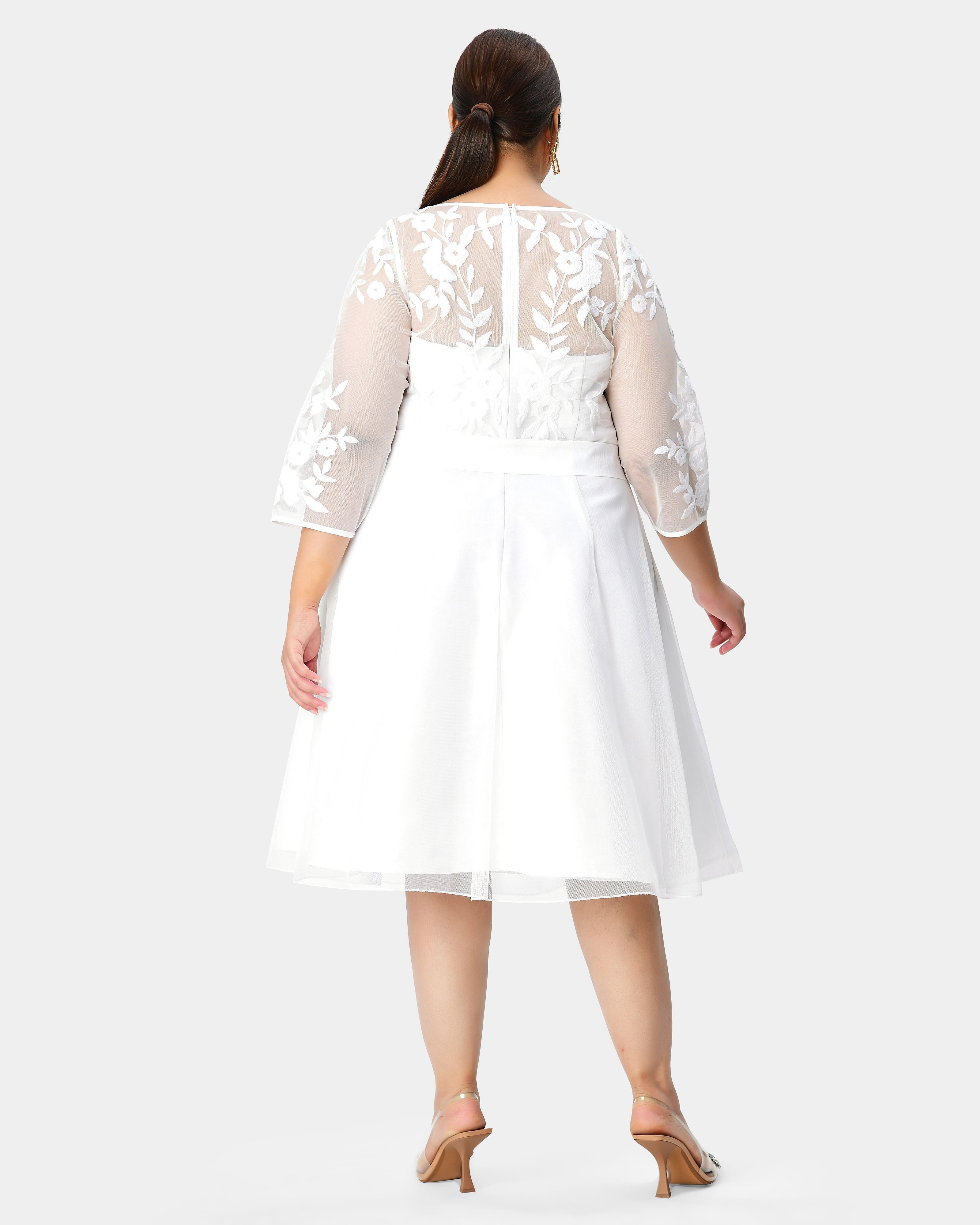Floral embellished illusion boatneck tulle and dupioni dress, White / White, alternate image number 2