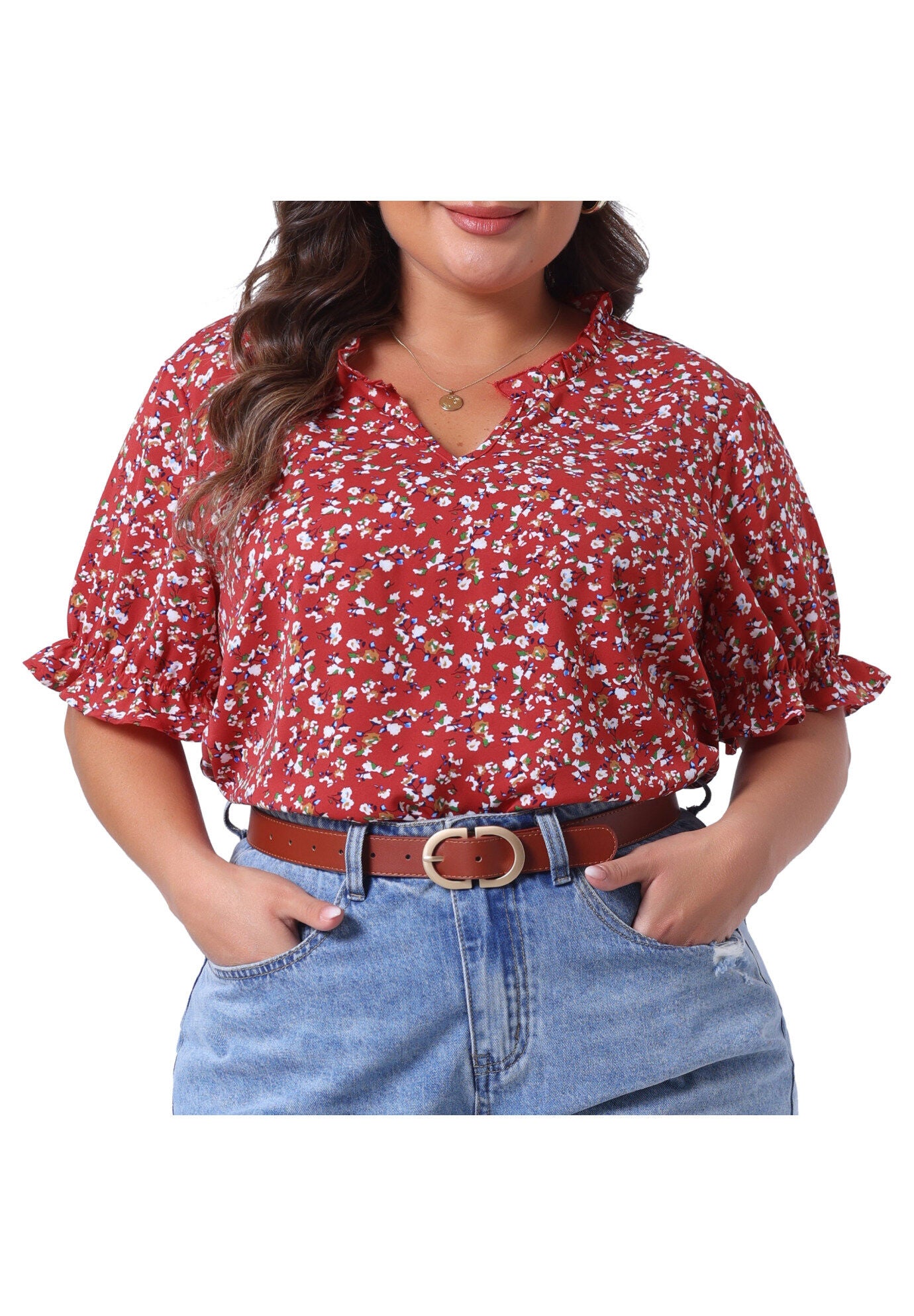 Floral V Neck Ruffle Puff Short Sleeve Blouse, Red / Red, alternate image number 1