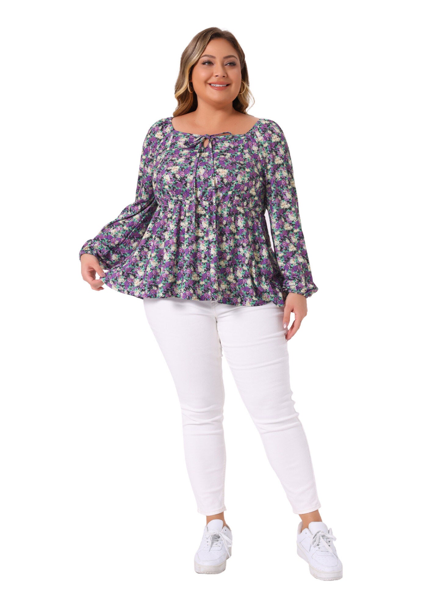 Sweetheart Neckline Long Sleeve Floral Peplum Top, Purple / Purple, hi-res image number 0