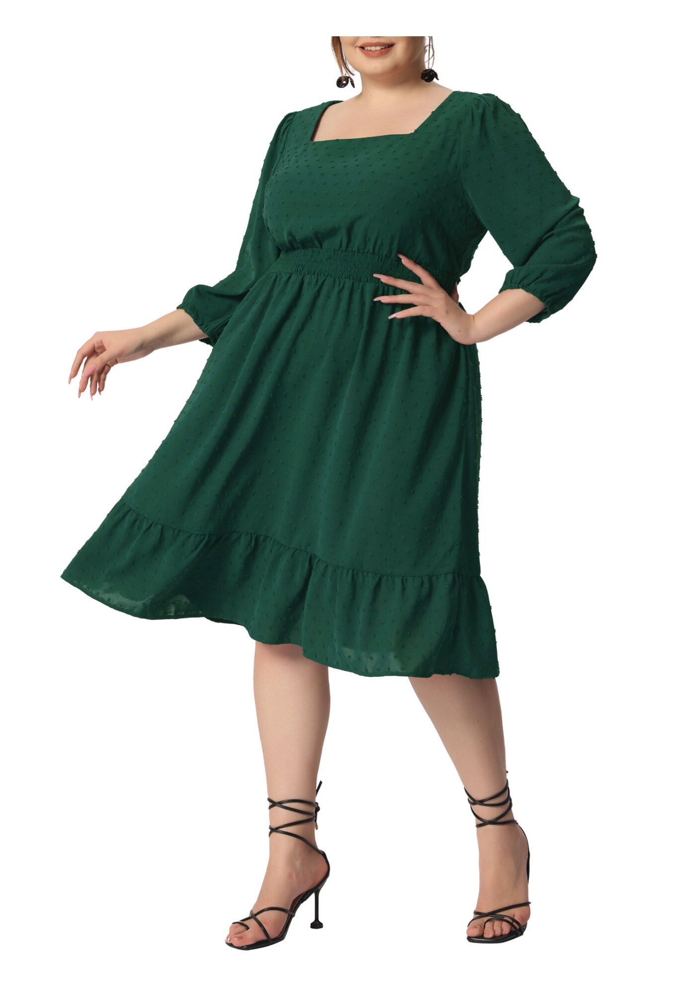 Swiss Dots Bohemian Square Neck Midi Chiffon Dress, Green / Forest Green, alternate image number 2