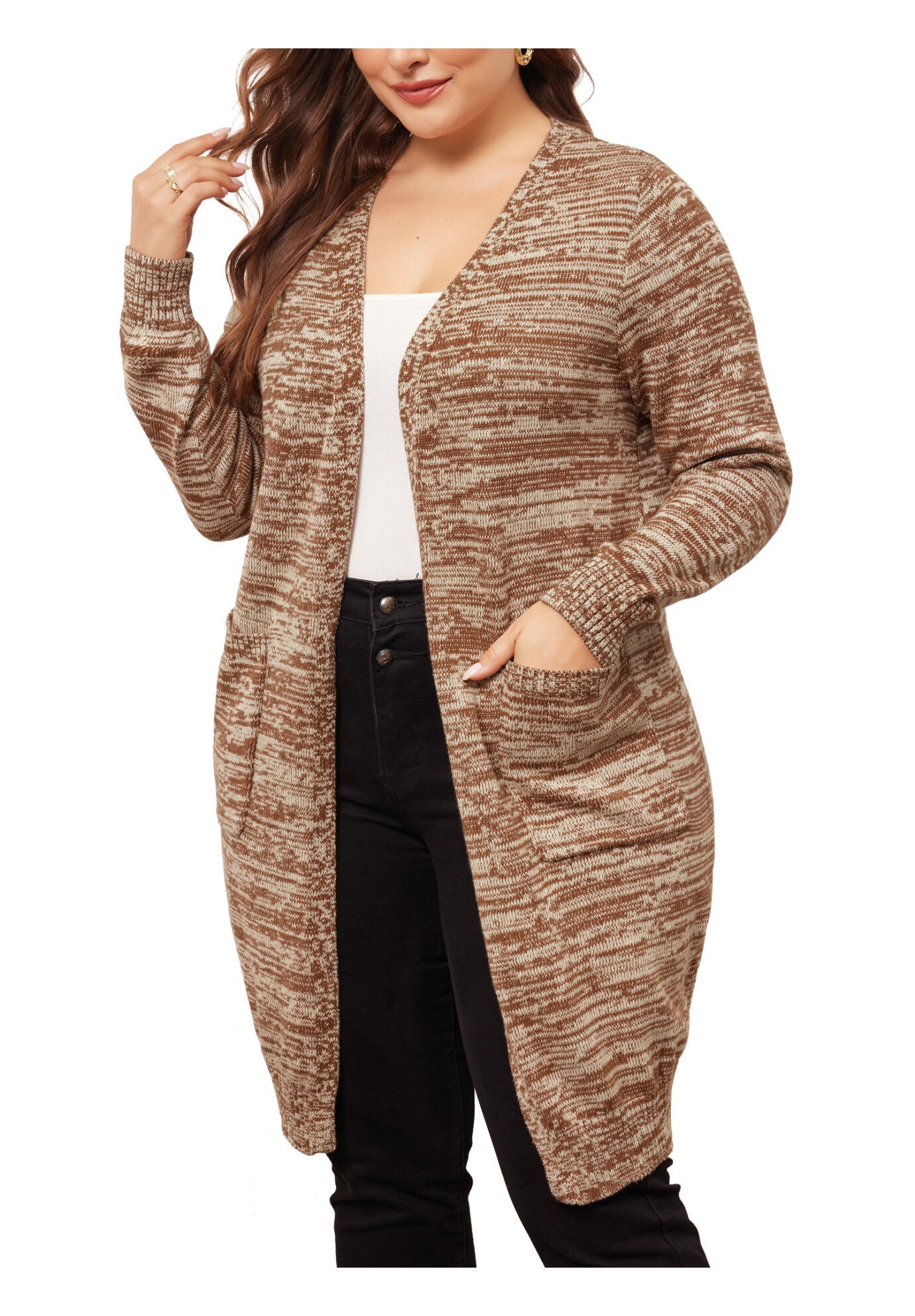 CONTRAST COLOR OPEN FRONT POCKETS SWEATER CARDIGAN, Brown / Brown, alternate image number 1