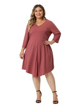 V Neck 3/4 Sleeve Swing Loose A-Line Midi Dress