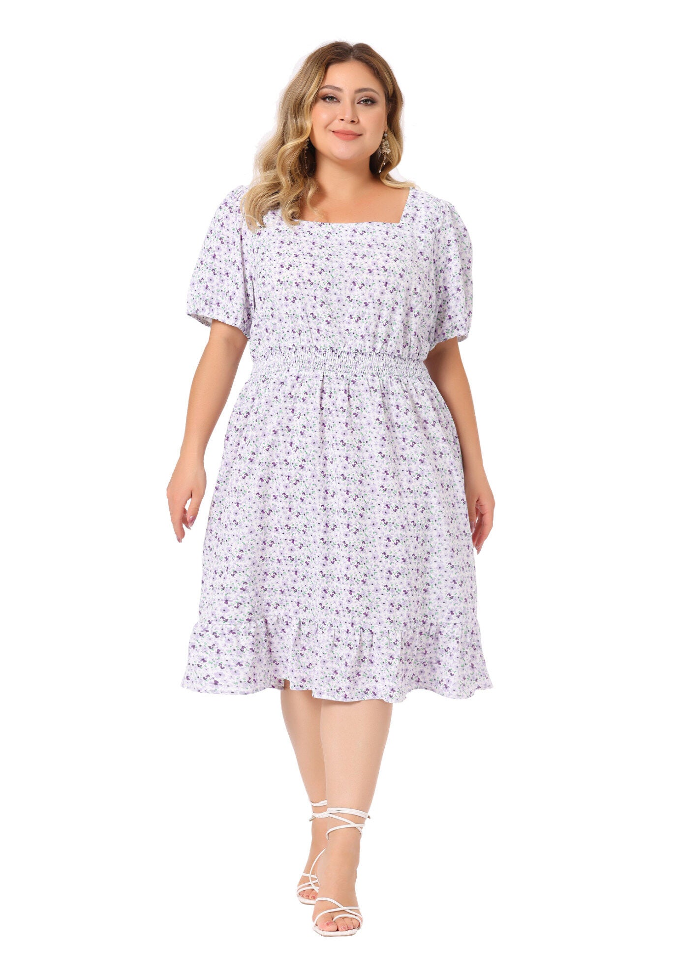 SHORT SLEEVE SQUARE NECK ELASTIC WAIST FLORAL DRESS, Purple / Purple, hi-res image number 0