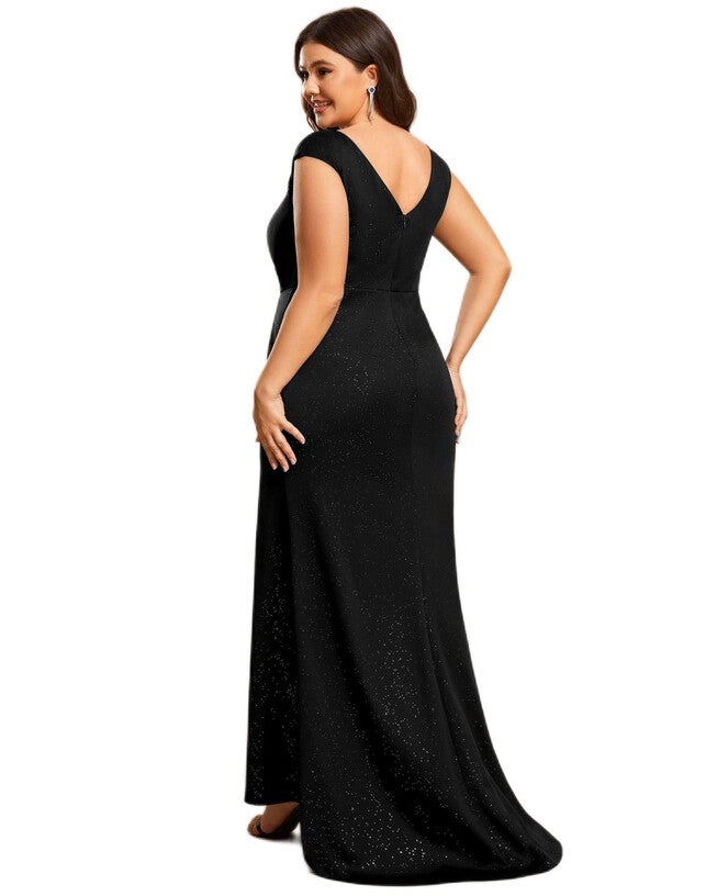 Plus Size Elegant V-neck Glitter Sequin Front Slit Mother of the Bride Dress, Black / Black, alternate image number null