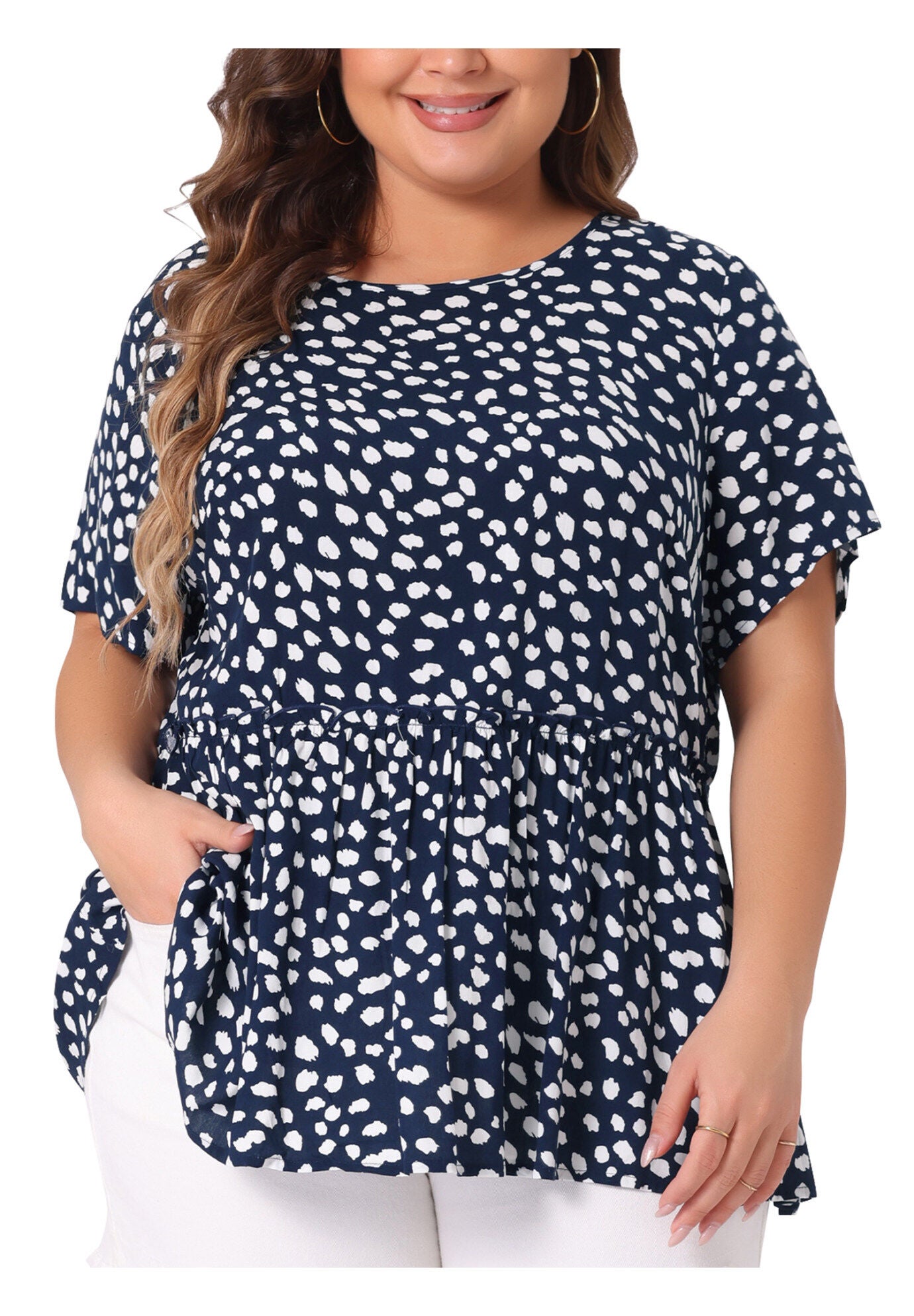 Polka Dots Crew Neck Short Sleeve Peplum Top, Navy Blue / Navy, alternate image number 2