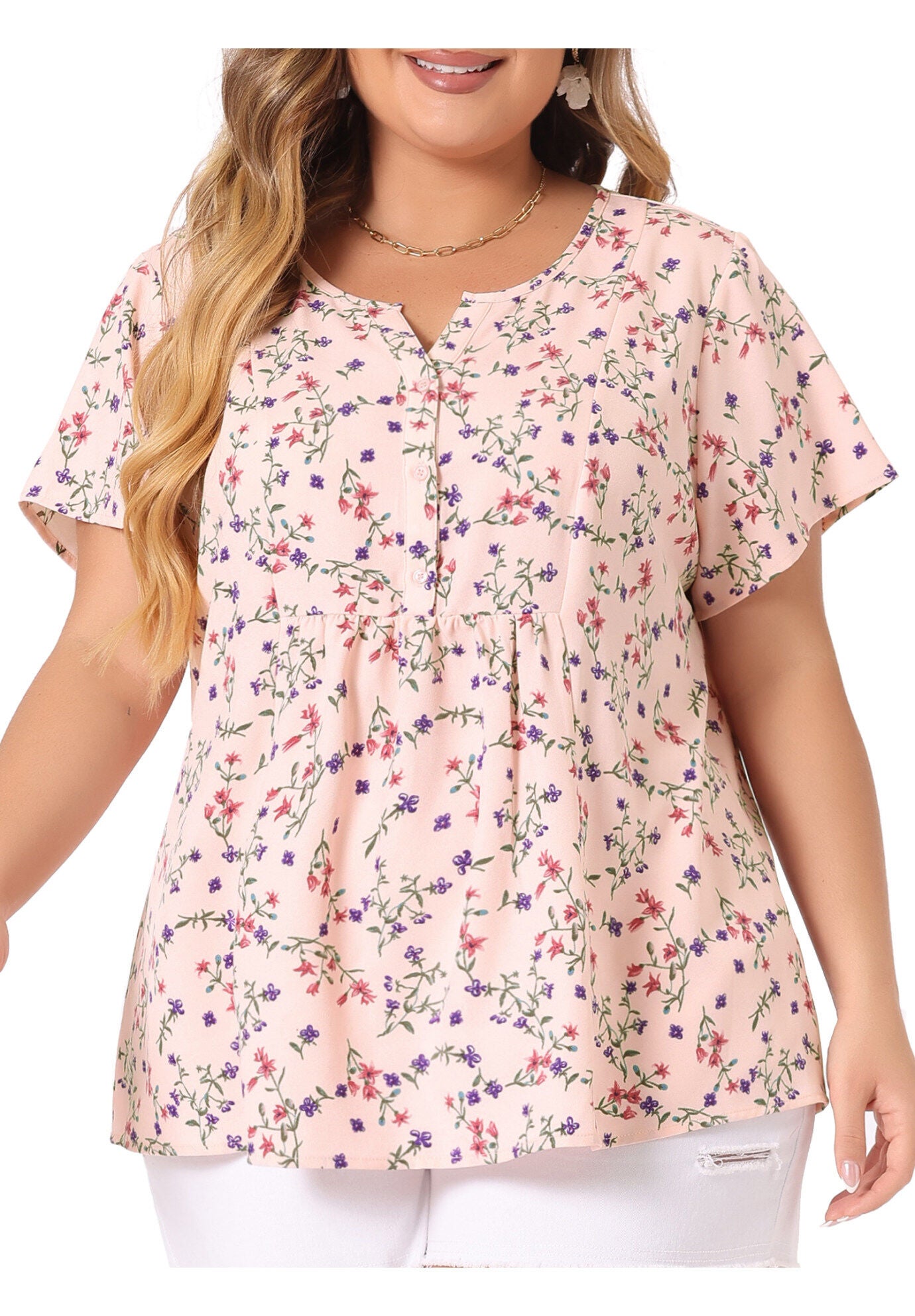 Summer Top Floral Half Placket Short Sleeve Casual Blouse, Pink / Pink, alternate image number 2