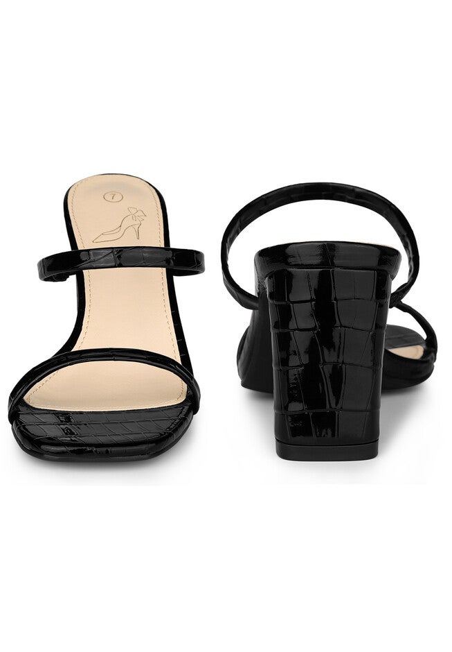 Square Toe Dual Strap Chunky Heel Slide Sandals, Black / Black, alternate image number 1