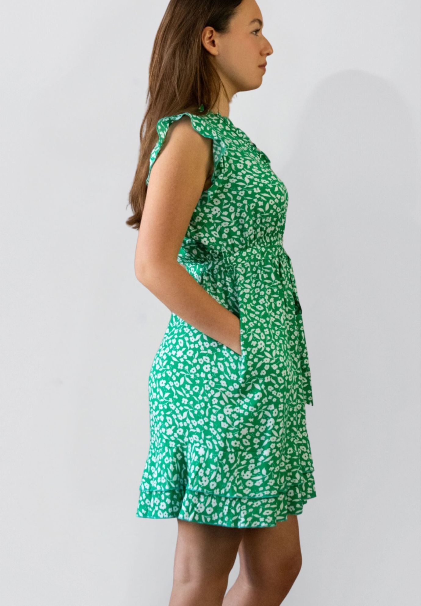 Annick - Natasha Printed Short Dress with Belt, Pockets, and Ruffle Trim, Green / Light Green, alternate image number 2
