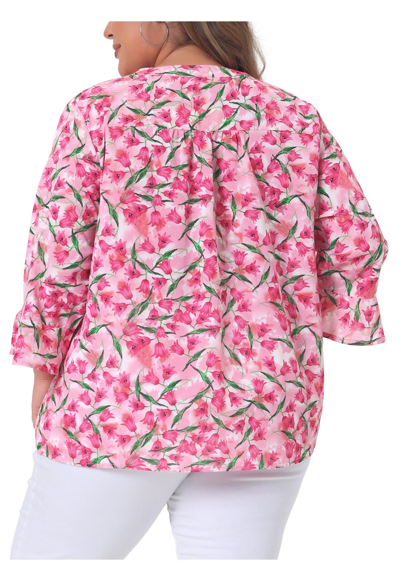Pleated Long Sleeves V Neck Floral Blouse Top, Dark Pink / Deep Fuchsia, alternate image number 3