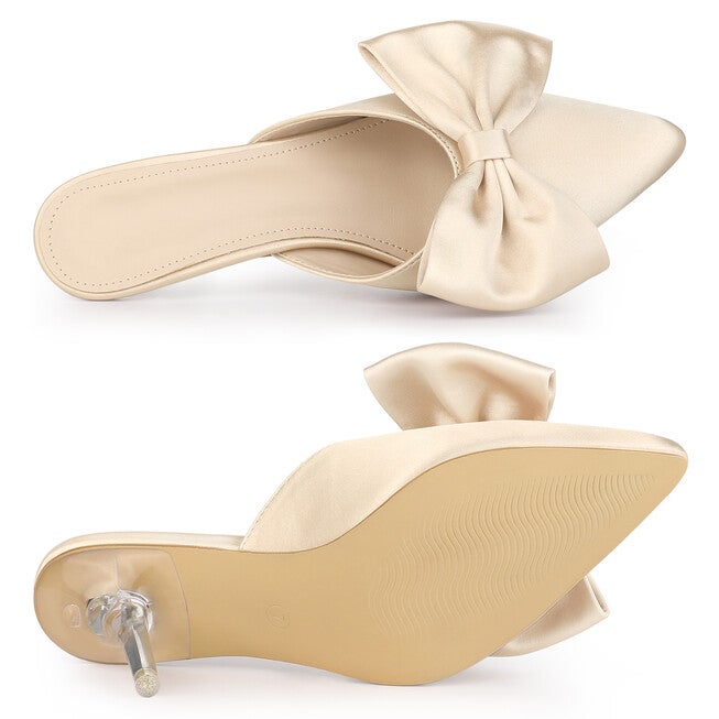 Bowknot Satin Pointed Toe Stiletto Heel Slip on Mules, Champagne / Beige, alternate image number 2