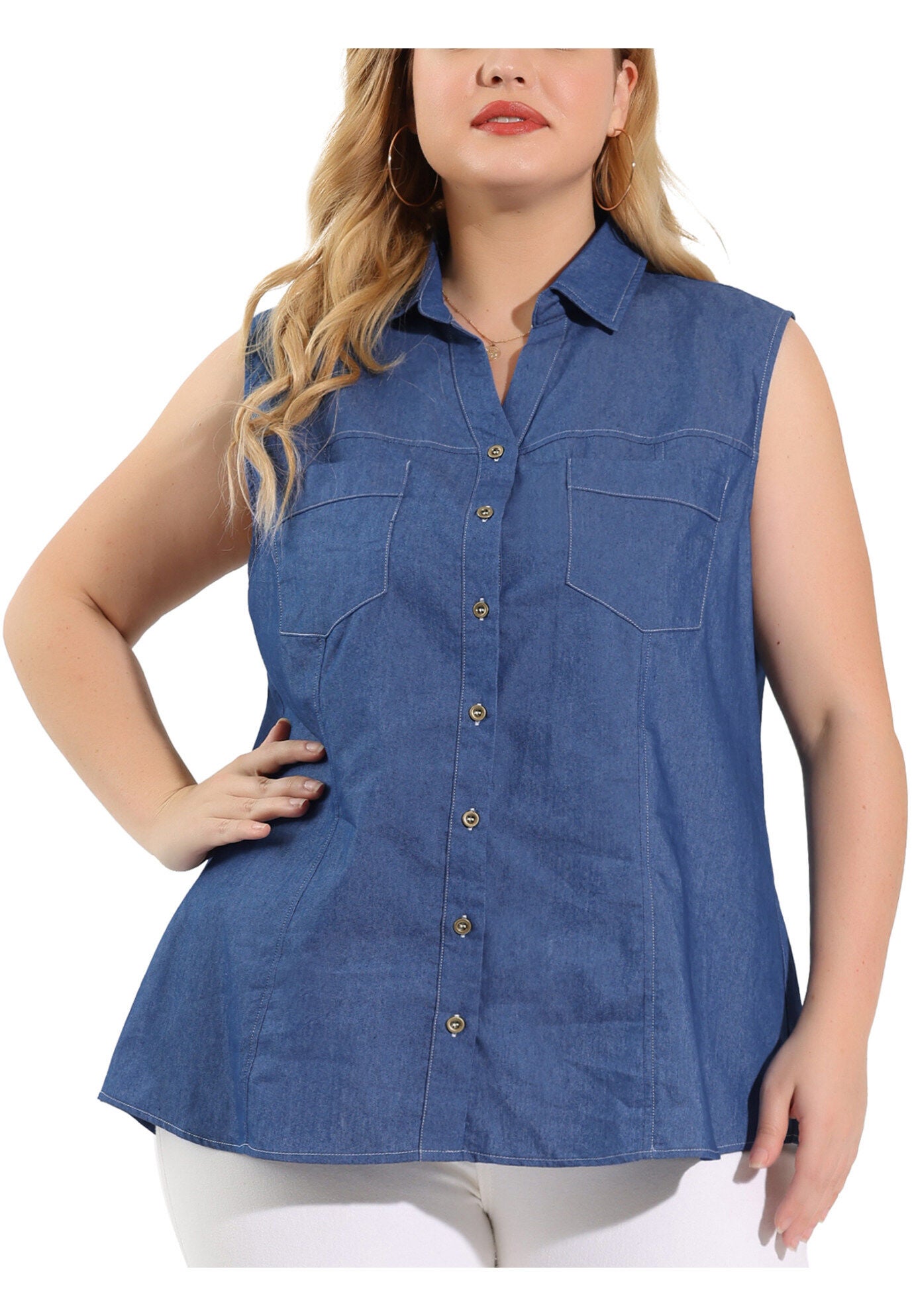Sleeveless Button Down Shirt Chambray Top, Blue / Chambray Denim Medium, alternate image number 3
