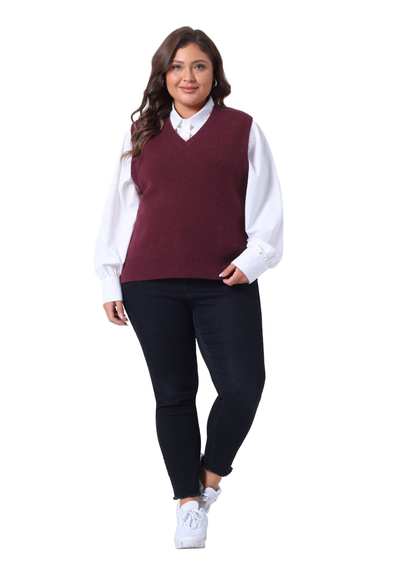 V Neck Knit Vest Sleeveless Pullover Sweater Top, Burgundy / Red, hi-res image number 0