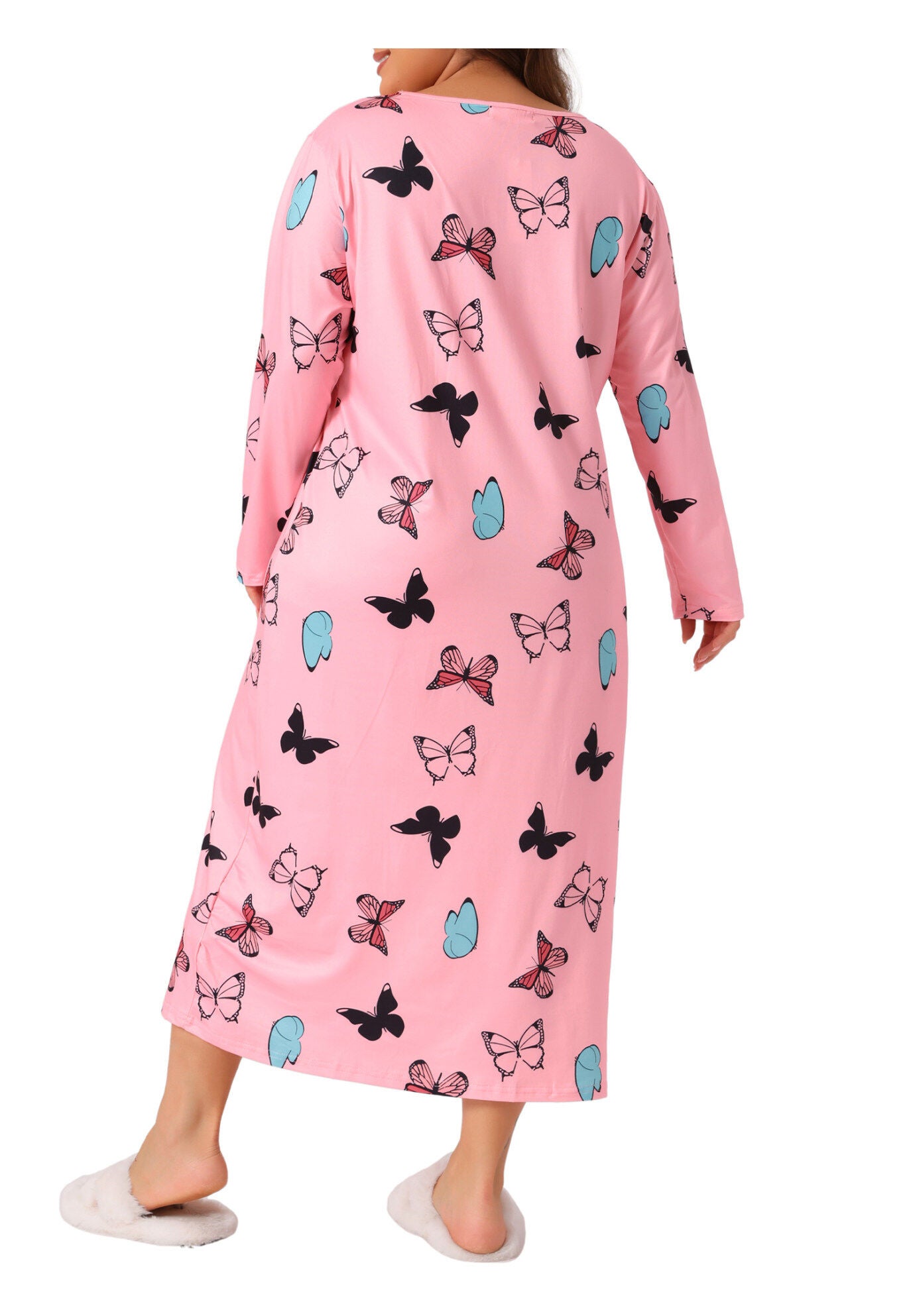 Crew Neck Long Sleeve Print Sleep Dress, Pink / Pink, alternate image number 3