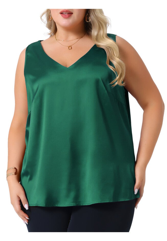 Satin Tank Top V Neck Casual Sleeveless Cami, Dark Green / Hunter Green, alternate image number 1