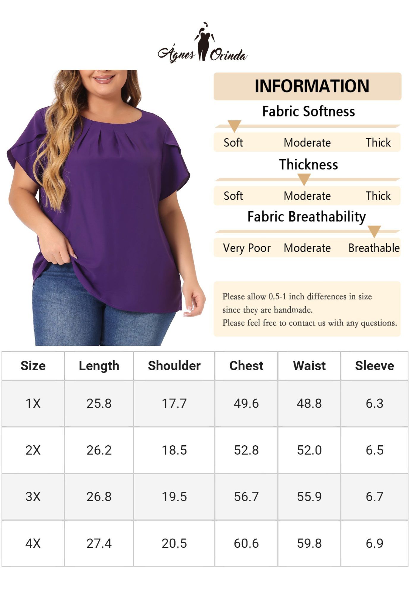 Round Neck Pleated Top Tulip Sleeves Blouse Top, Purple / Purple, alternate image number 4