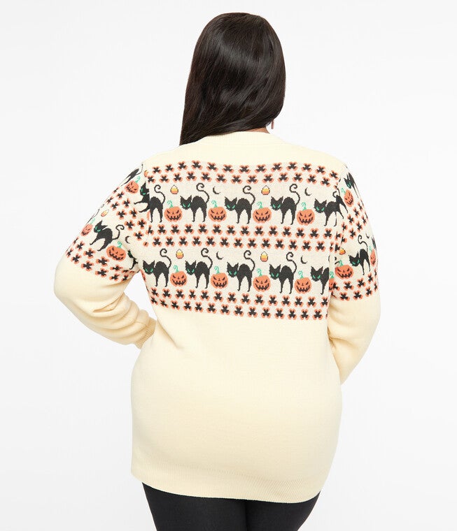1960s Ivory & Orange Halloween Print Cardigan, Ivory Orange Halloween Print / Ivory, alternate image number null
