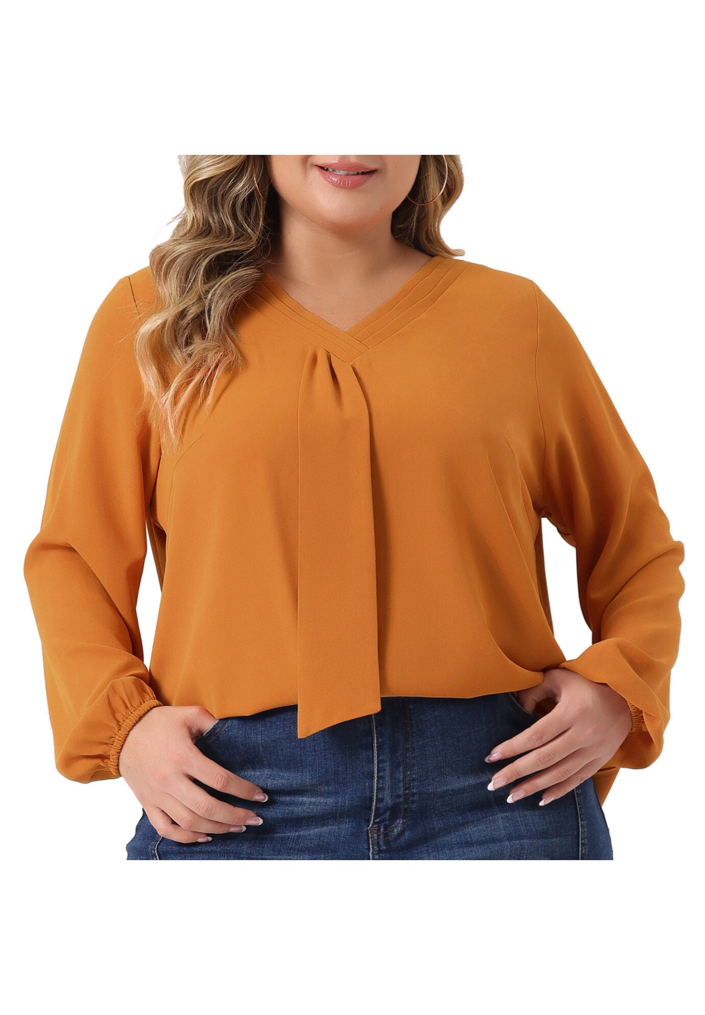 V Neck Long Sleeve Ruffle Tie Front Office Work Chiffon Blouse Top, Orange / Orange, alternate image number 2