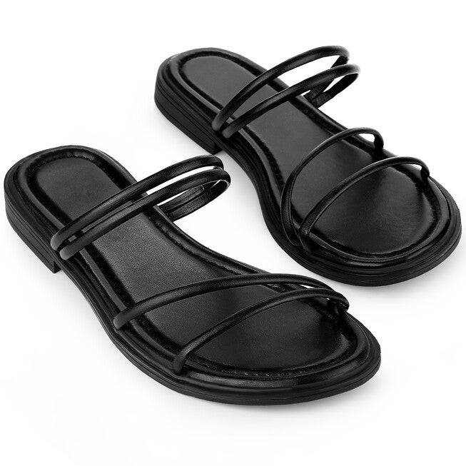 Slide Sandal Summer Strappy Slingback Flat Sandals, Black / Black, alternate image number null