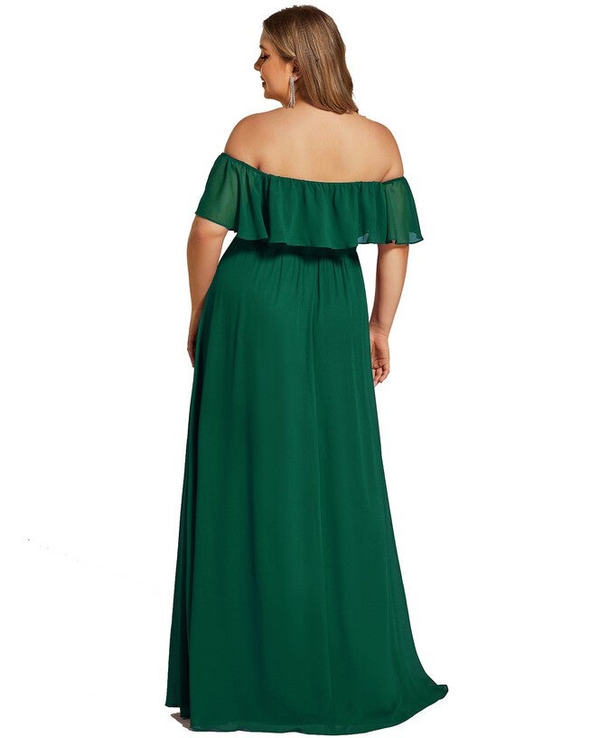 Women's Off Shoulder Ruffle Thigh Slit Bridesmaid Dresses, Dark Green / Forest Green, alternate image number 1
