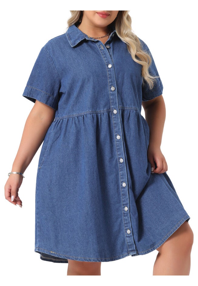 Denim Babydoll Tiered Short Sleeve Button Down Jean Shirt Dress, Mid Blue / Chambray Denim Medium, alternate image number 3