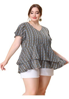 Summer Top V Neck Short Sleeve Peplum Geometric Print Layered Ruffle Blouse