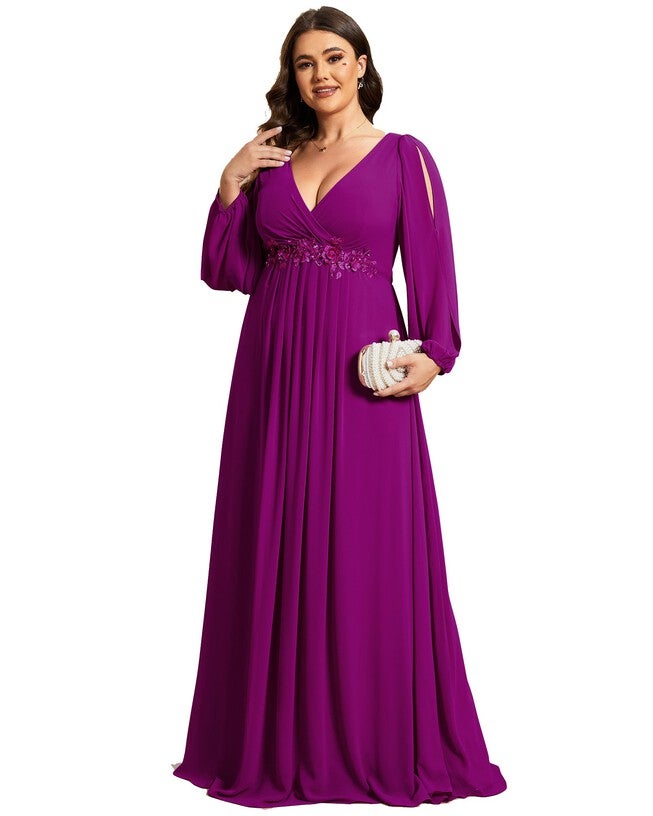Chiffon V-Neckline Long Sleeve Formal Evening Dress, Fuchsia / Purple, hi-res image number 0