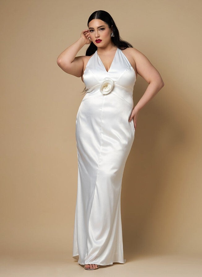 GARDENIA SATIN HALTER MAXI BODYCON DRESS, White / White, hi-res image number 0