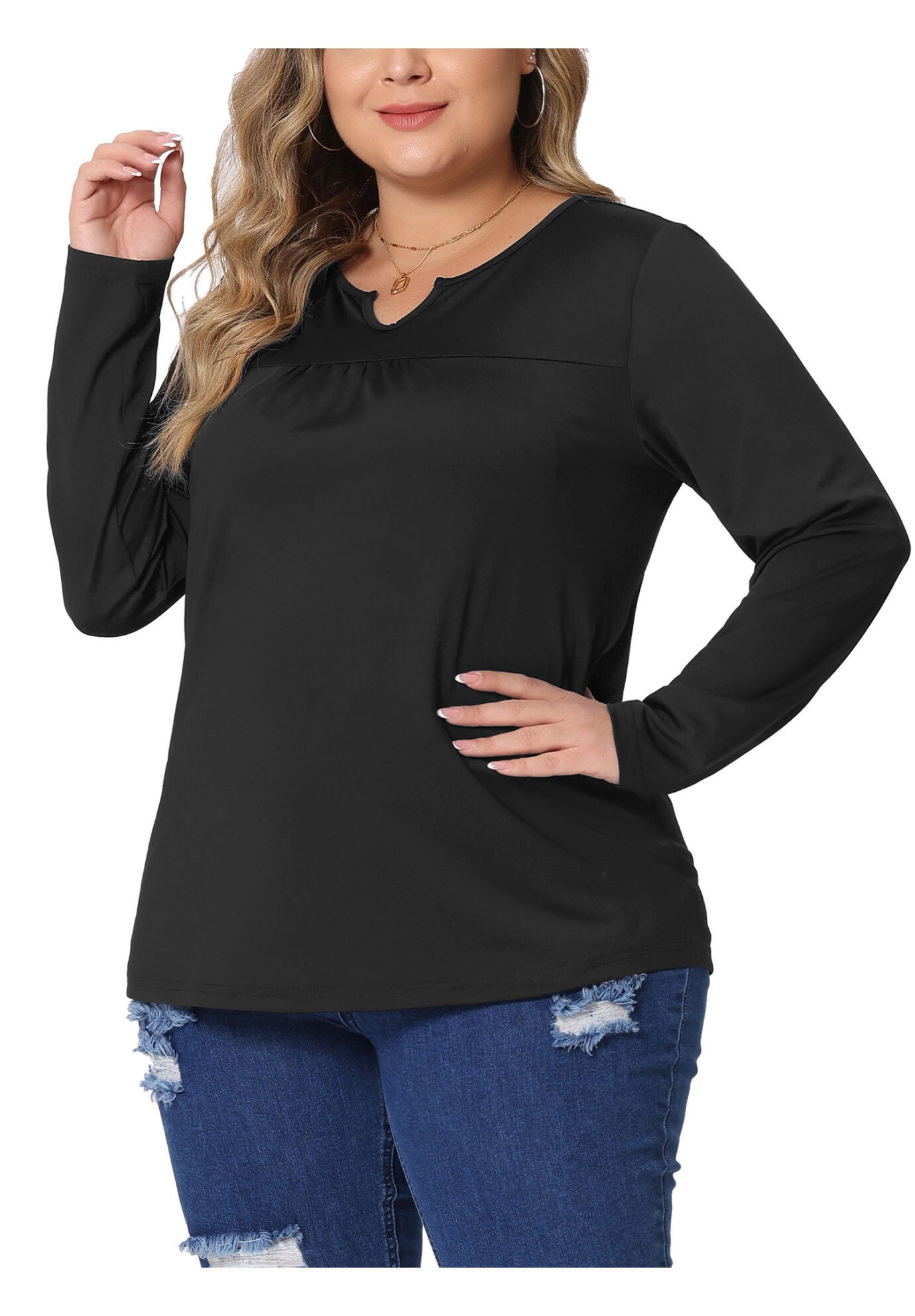 NOTCHED NECK LONG SLEEVE T-SHIRT LOOSE CASUAL TUNIC BLOUSE, Black / Black, alternate image number 2