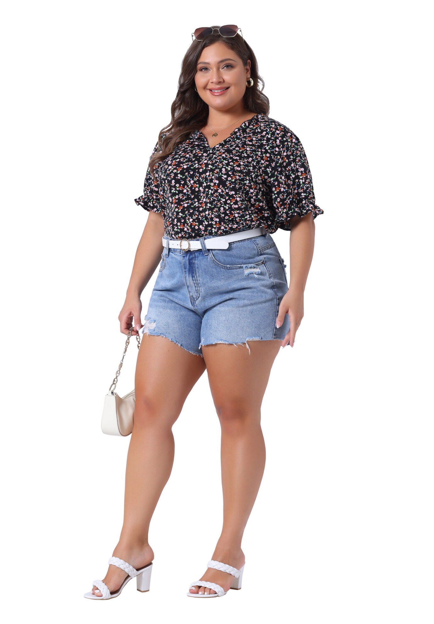 Floral V Neck Ruffle Puff Short Sleeve Blouse, Black / Black, hi-res image number 0