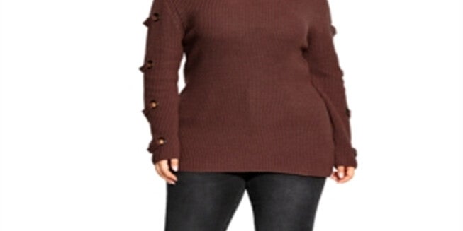 City Chic Women's Plus Pullover Sweater Eyelet V-Neck Nutmeg Size 22W, , alternate image number null