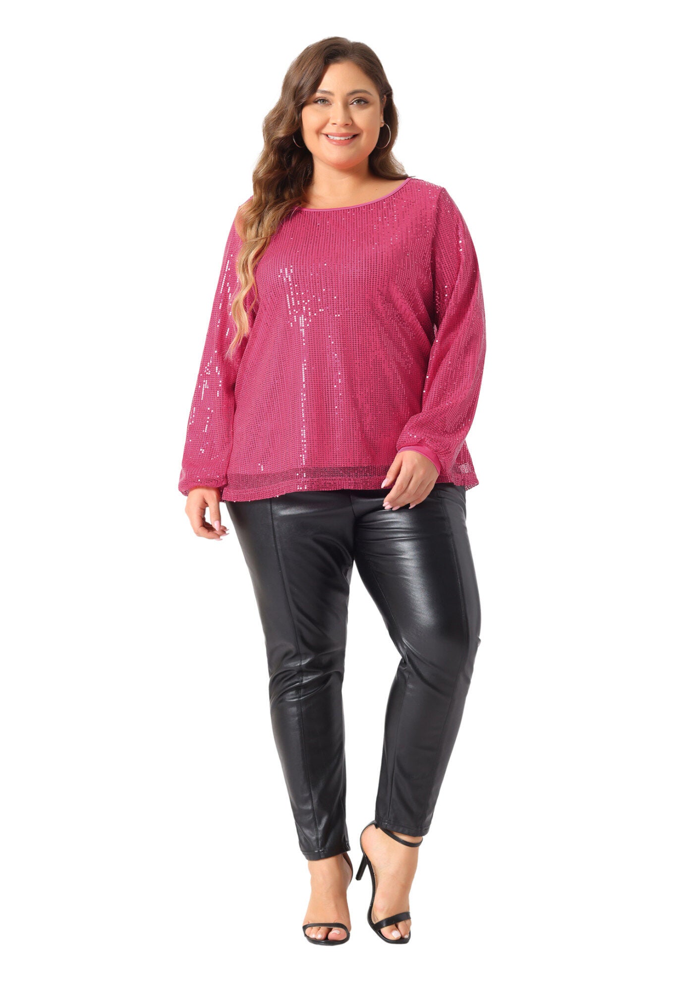 Long Sleeve Glitter Party Sparkly Sequin Top, Hot Pink / Deep Fuchsia, hi-res image number 0