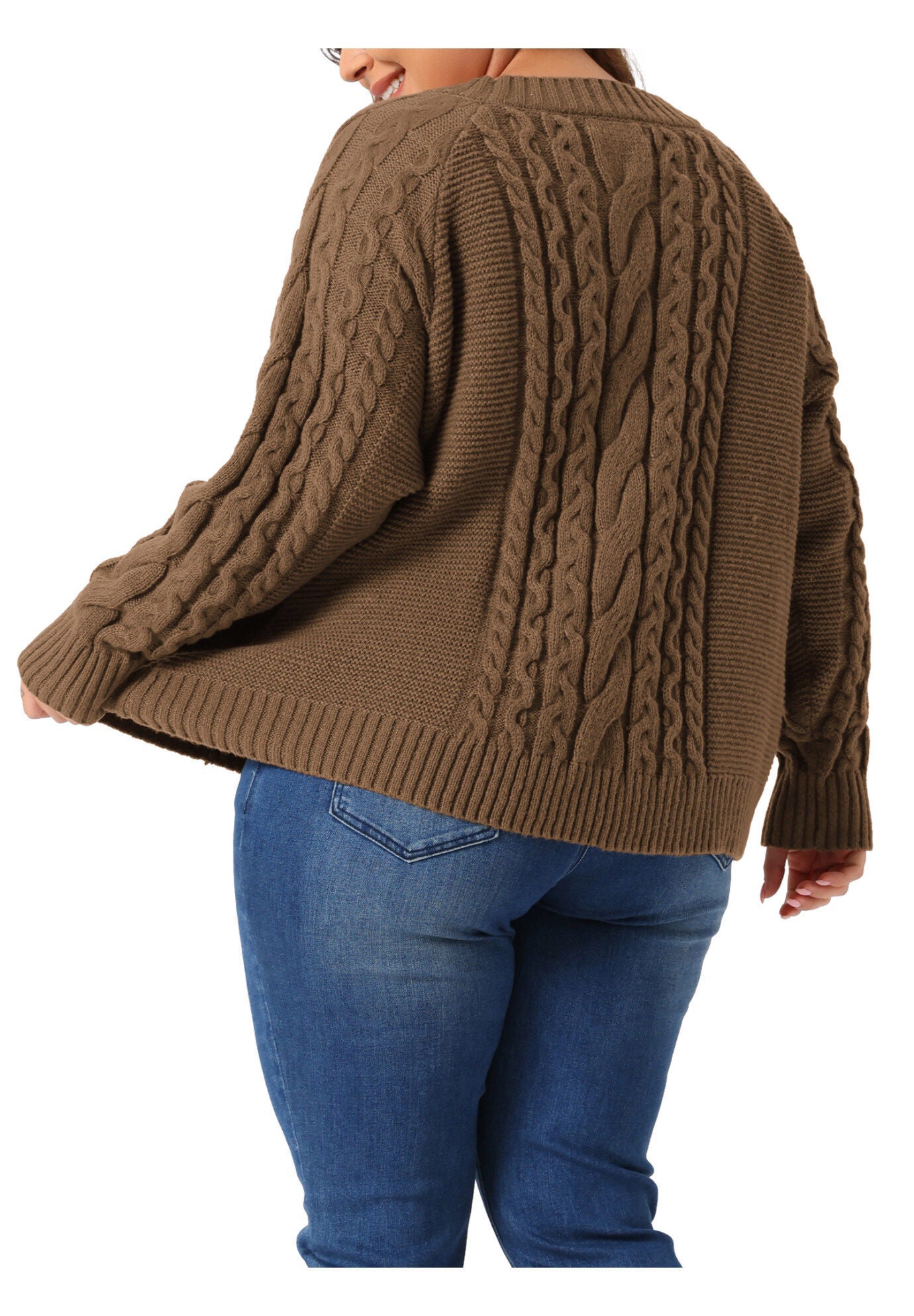 Long Sleeve Crewneck Fisherman Cable Pullover Sweater, Brown / Brown, alternate image number 3