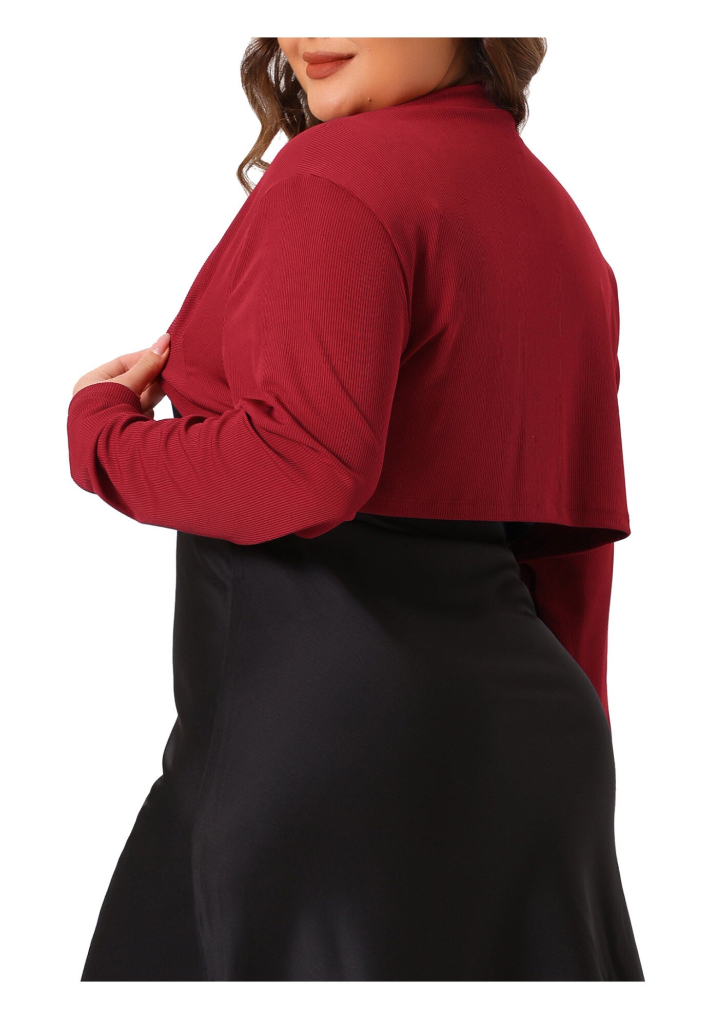 CROPPED LONG SLEEVE OPEN FRONT BOLERO SHRUG, Burgundy / Red, alternate image number 3