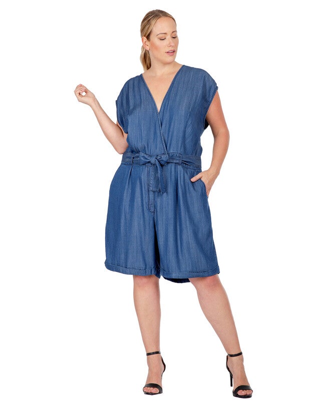 Eleanor Women's Plus Size Cap Sleeve V-neck Front Tie Tencel Denim Romper, , alternate image number 8