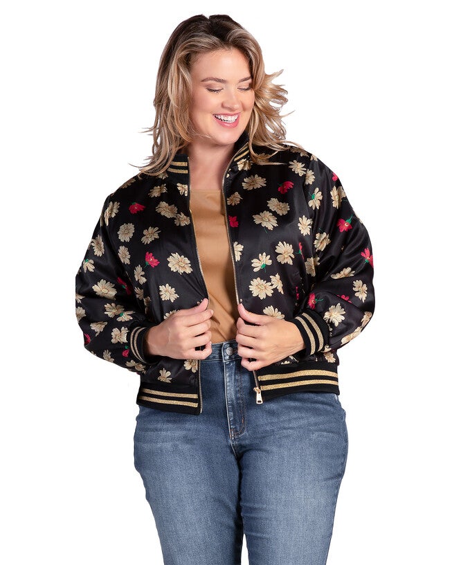 Women's Plus Size Cropped Floral Print Bomber Jacket, Blk Sparkler / Black, hi-res image number 0