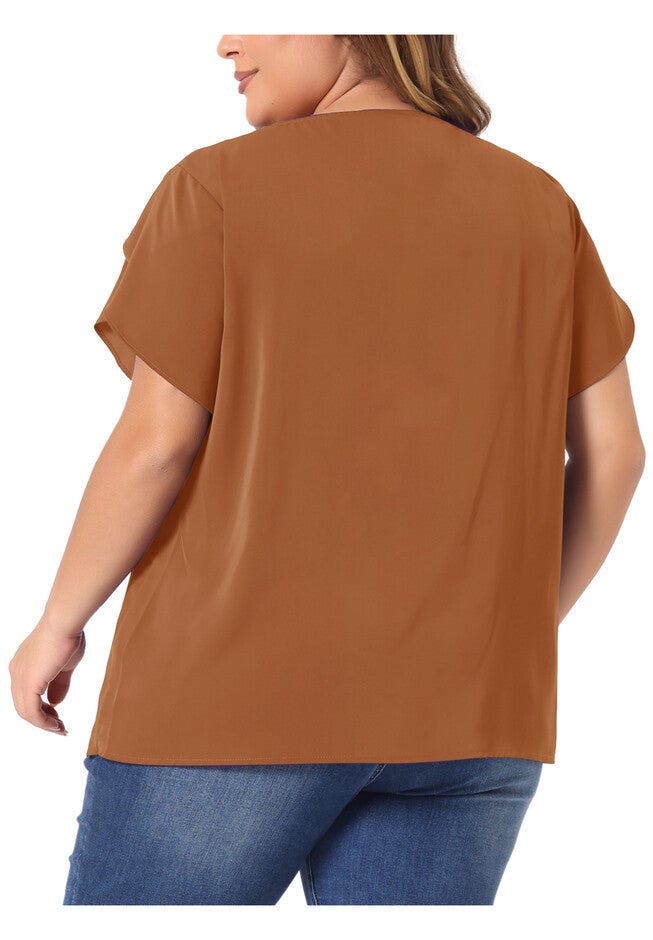 Round Neck Pleated Top Tulip Sleeves Blouse Top, Brown / Brown, alternate image number 3