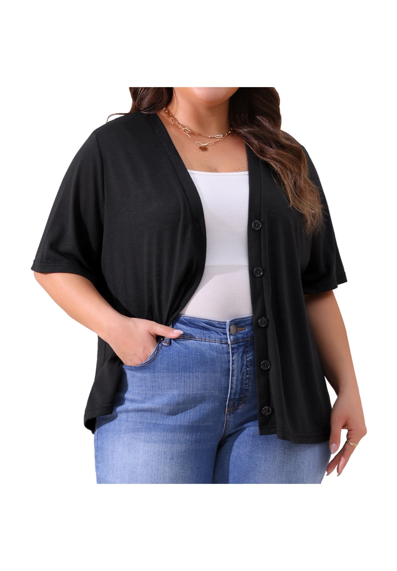 Button Down Sheer Short Sleeve Knitted Top, Black / Black, alternate image number 2