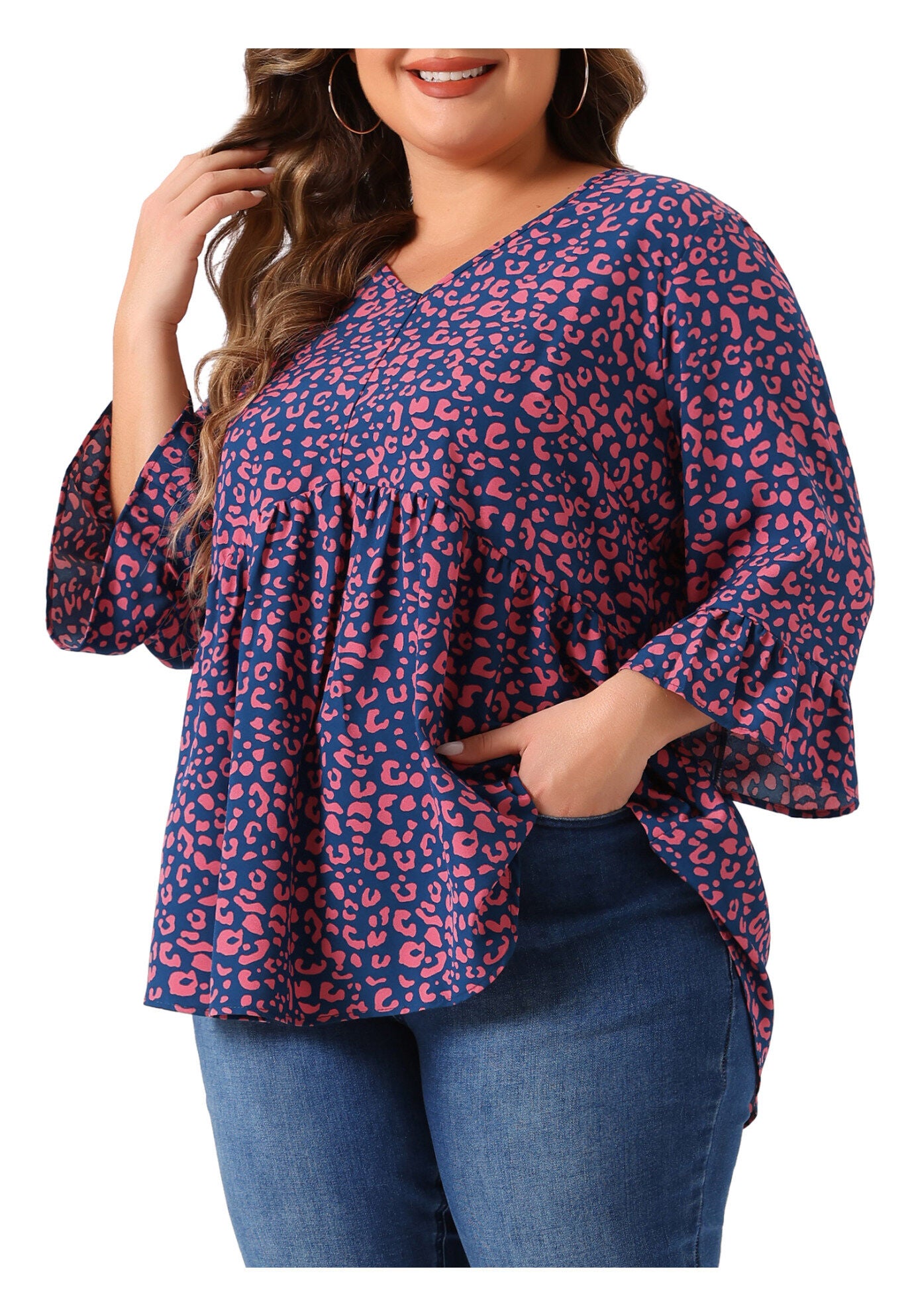 Polka Dots Blouse 3/4 Ruffle Sleeve Peplum Top, Dark Blue / Navy, alternate image number 2