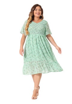 Flare Smock Ruffle Chiffon Floral Midi Dress