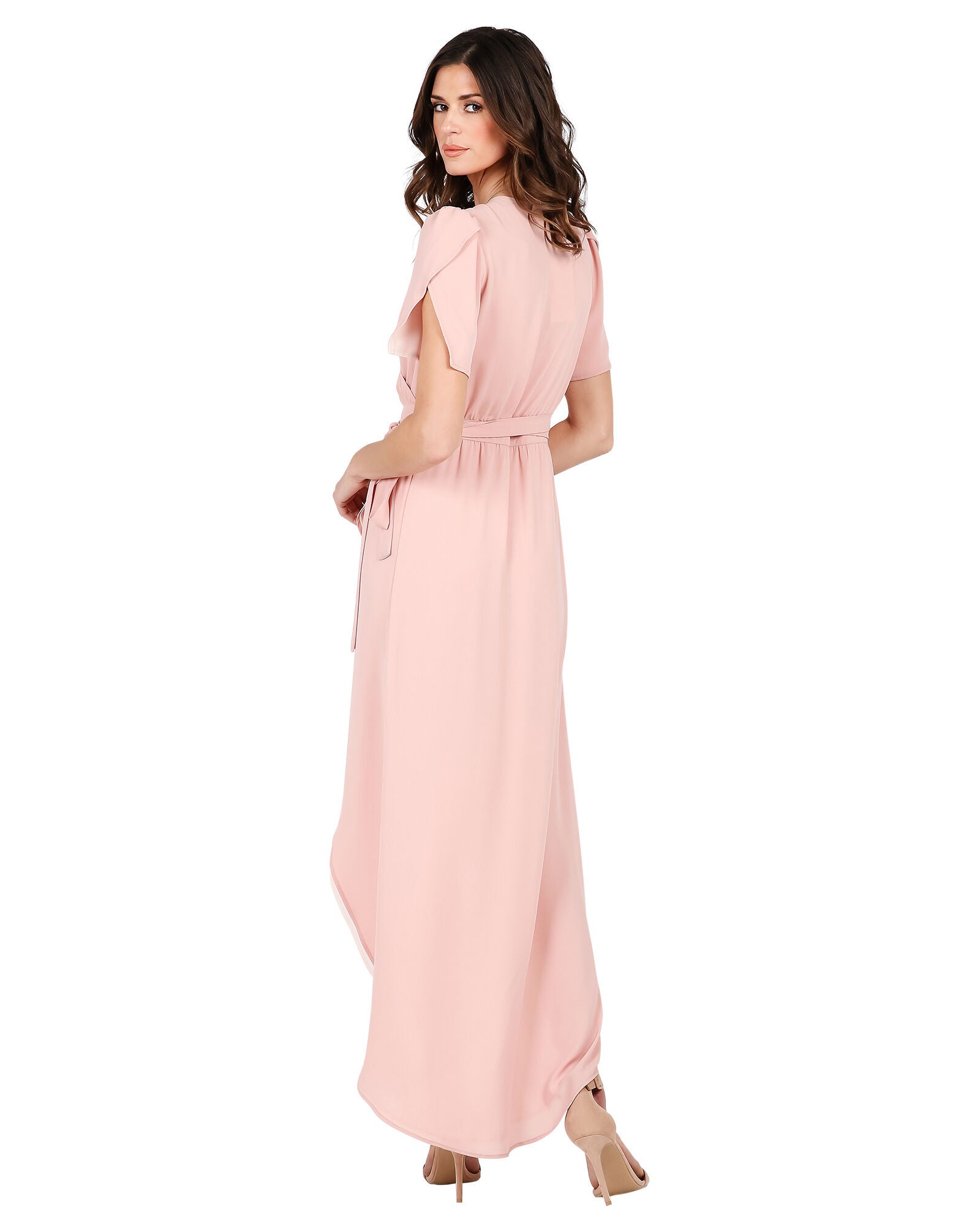 Robin Short Sleeve V-Neck Maxi Dress Peach Pink Floral Print, Pink / Light Grey, alternate image number 3
