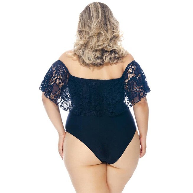 Off Shoulder Swimsuit With Padded Cups And Ruffles, Black / Black, alternate image number 1