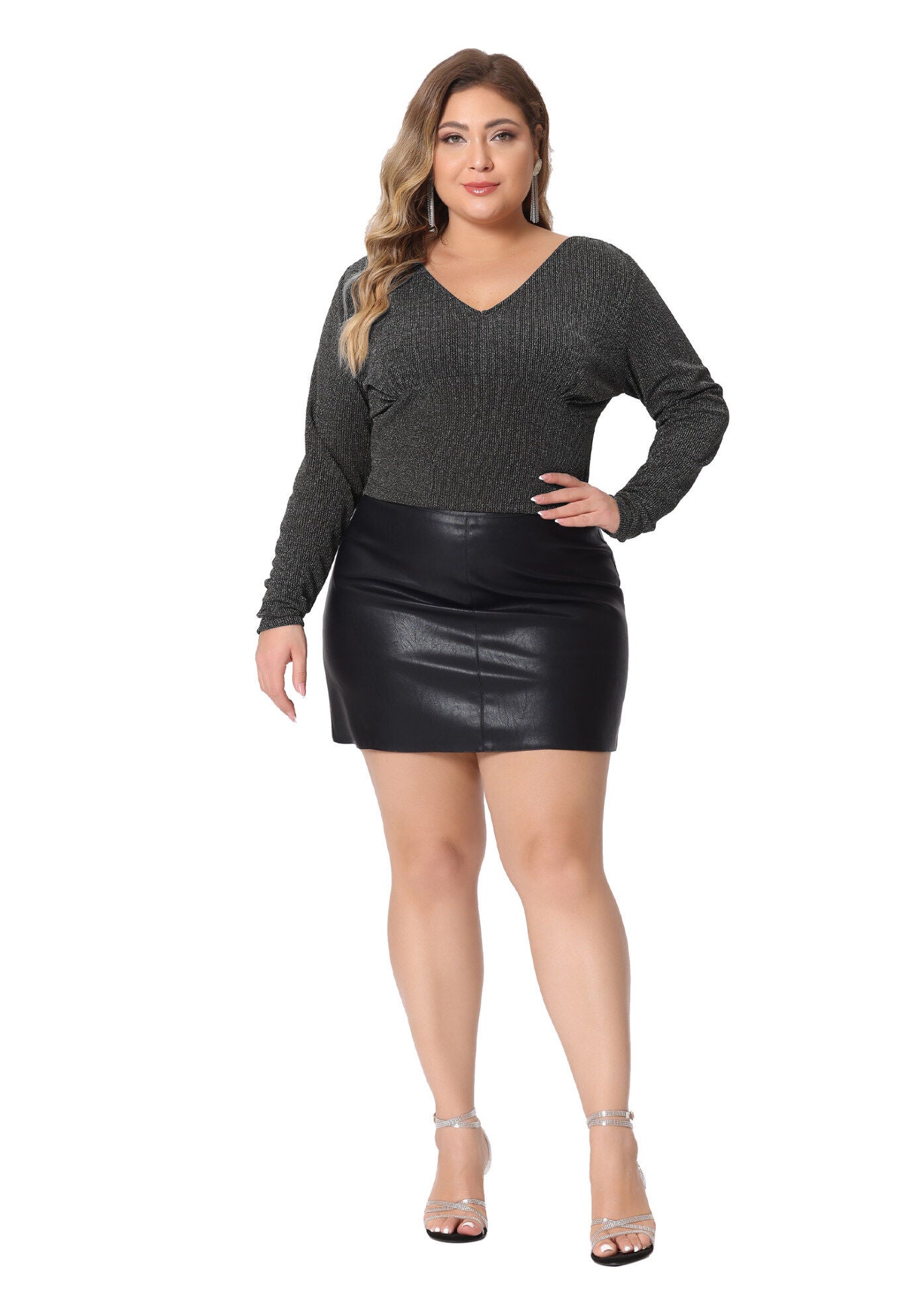 Metallic V Neck Long Sleeve T-Shirt Glitter Top, Silver / Silver, hi-res image number 0