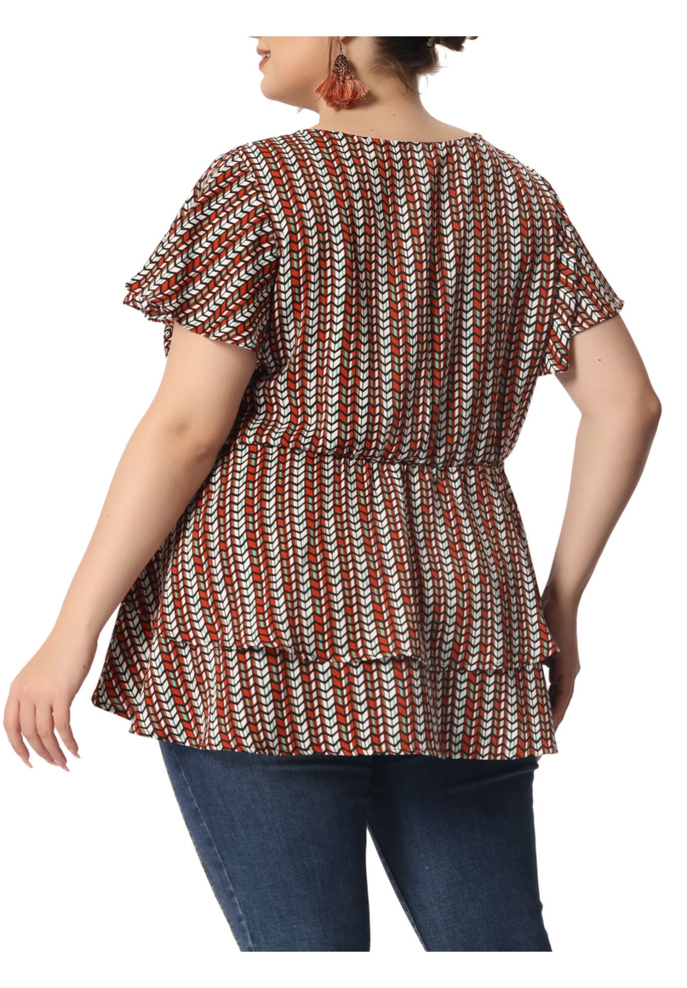 Summer Top V Neck Short Sleeve Peplum Geometric Print Layered Ruffle Blouse, Red / Red, alternate image number 3